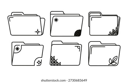 Linedrawings of folder icons with various decorative elements