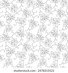 Line-drawn graceful bushes of plants. Endless pattern with leaves on a white background. Monochrome pattern for textiles, packaging, wallpaper, design.