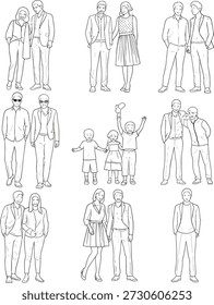 Grupos lineares de pessoas em várias poses, interações familiares e sociais, conceito de diversidade demográfica, ilustração vetorial