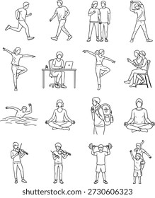 Iconos dibujados en línea de la actividad humana, yoga, lectura, natación, crianza, música, fitness, estilo de vida y concepto de movimiento, Ilustración vectorial