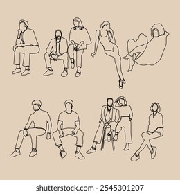 Ilustraciones dibujadas en línea de personas en varias poses sentadas. Perfecto para proyectos de estilo de vida, minimalismo y arte contemporáneo. Ideal para Sitios web, blogs, anuncios y diseños relacionados con la relajación, la calma.