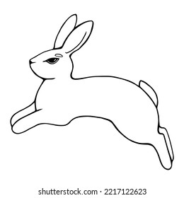 Line-drawn rabbit in a jump. Vector black and white illustration.