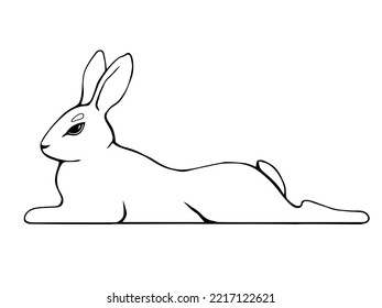 Line-drawn rabbit lies. Vector black and white illustration.
