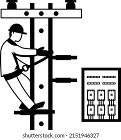 Lineman Climb On Cement Electric Pole wearing Helmet Concept vector icon design, Electrician Profession symbol, Power Supply and wiring Sign, handyman and Repairman tools stock illustration