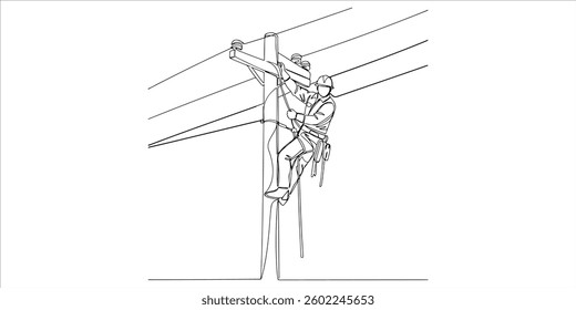 lineman climbs and holds electric a single continuous line drawing illustrates a lineman climbing up an electric pole while gripping it with one hand. The scene highlights the important role of line.