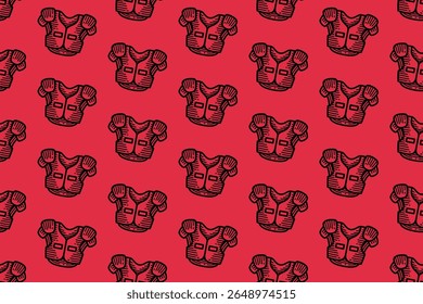 lineman shoulder pads pattern. american football shoulder pad vintage repeat seamless pattern wallpaper. red background with rugby body guard outline illustration for sport themed merchandise.