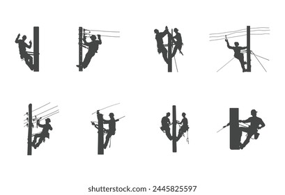 Lineman silhouettes, Electrical lineman, Lineman climbing silhouettes, Lineworker silhouettes.