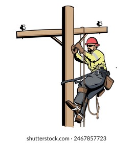 Lineman Vector Graphic illustration Electrician Repairing High-Voltage Lines Lineman climbing up