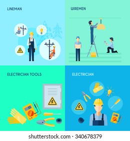 Lineman wiremen electrician and electrician tools 2x2 design set with titles flat vector illustration