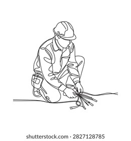 Lineman Working With Electrical Cables Continuous Line Drawing