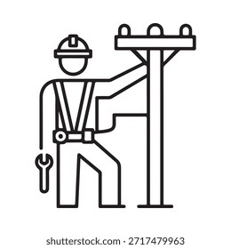 Lineman trabalhando em um poste utilitário com equipamentos de segurança e ferramentas