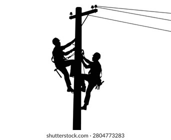Linemen climbing electrical pole for utility line maintenance