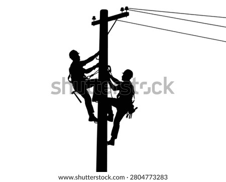 Linemen climbing electrical pole for utility line maintenance