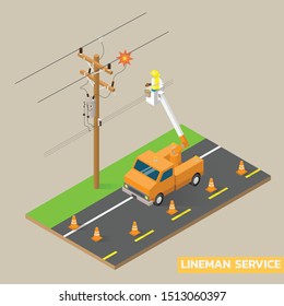 Linemen repairing electricity distribution lines that supply power to homes. Use aerial device and rubber gloves when working.