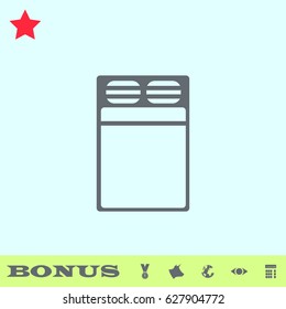 Linen bed icon flat. Grey pictogram on blue background. Vector illustration symbol and bonus buttons medal, cow, earth, eye, calculator