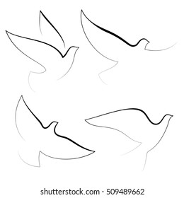 Linen birds silhouettes. Symbols of peace. Cute pigeons for wedding design. Vector icons