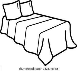 Linen concept: bed with bedspread and pillows. Icon in outline style