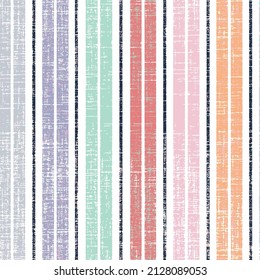 Linen fabric multi colored stripes seamless vector pattern. Uneven colorful bars texture. Abstract colourful streaks of different width background. Striped texture.red,pink,orange,purple,green,grey.