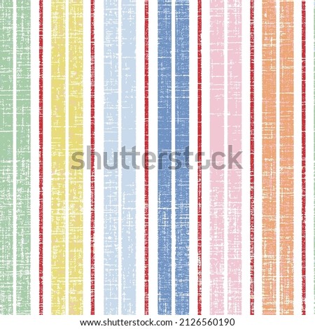 Linen fabric multi colored stripes seamless vector pattern. Uneven colorful bars texture. Abstract colourful streaks of different width background. Striped texture.blue,orange,pink,yellow, green, red.
