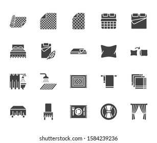 Linen flat glyph icons set. Bedroom textile blanket, bed mattress cover, pillow pillowcase, handkerchief, towel vector illustrations. Signs for interior store. Silhouette pictogram.