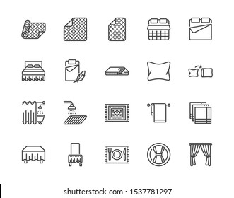 Linen flat line icons set. Bedroom textile blanket, bed mattress cover, pillow, pillowcase, handkerchief, towel vector illustrations. Outline signs interior store. Pixel perfect Editable Stroke.