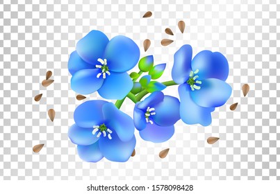 Flores de lino y semillas realistas, aceite de Flax. Patrón vectorial sin problemas. Ilustración vectorial aislada en fondo blanco.