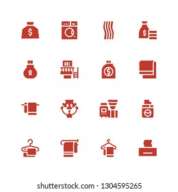 linen icon set. Collection of 16 filled linen icons included Tissue, Towel, Washing machine, Machine, Money bag