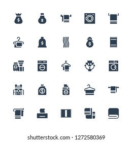 linen icon set. Collection of 25 filled linen icons included Towel, Tissue, Washing machine, Money bag, Machine