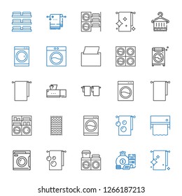 linen icons set. Collection of linen with towel, money bag, washing machine, towels, tissue box, napkin. Editable and scalable linen icons.