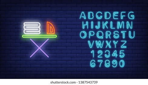 Linen and iron on ironing board neon sign. Laundry and housework concept. Advertisement design. Night bright neon sign, colorful billboard, light banner. Vector illustration in neon style.