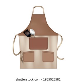 Linen kitchen cooking chef apron brown beige with 3 pockets accessorized with lapels realistic closeup vector illustration