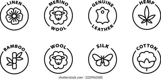 linen, merino, leather, hemp, bamboo, wool, silk, cotton icon set, icons. Isolated vector black outline stamp label rounded badge product tag on transparent background. Symbols.