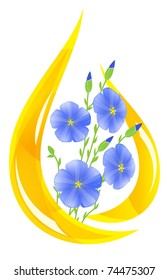 Linen oil. Stylized drop of oil and flax flowers inside. Vector illustration.
