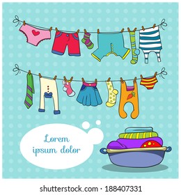 Linen on the rope, vector illustration on colorful background with space for text