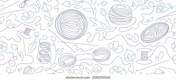 Linen plant. Balls of thread. Knitting print. Vector continuous line sketch for handmade design. Doodle line art wallpaper. Natural textile organic production for quality clothing