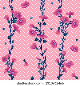 Linen. Repeating pattern of flax flowers. Springtime. Grassy  background. Vector illustration. 