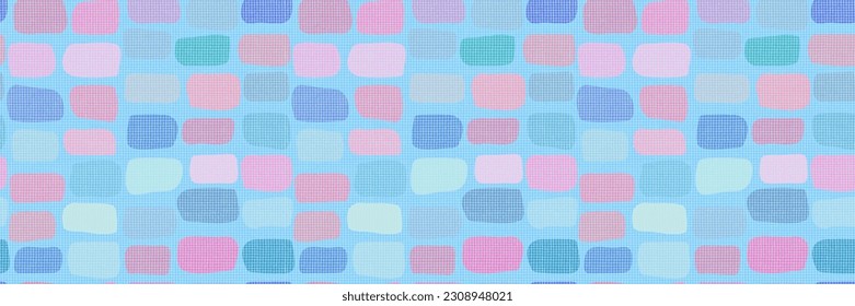 Linen retro texture on pink and blue shades. Multi-colored hand drawn shapes. Used for printing on paper, fabric, packaging, wallpaper. Eps10.