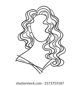 Linen sketch illustration of a beautiful woman with long curly hair.Template for beauty curly logo design.