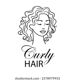 Linen sketch illustration of a beautiful woman with curly hair. Template for beauty logo design 