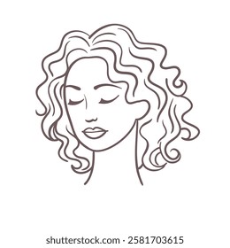 Linen sketch Illustration of a beautiful woman with curly hair. Template for beauty curly logo design.