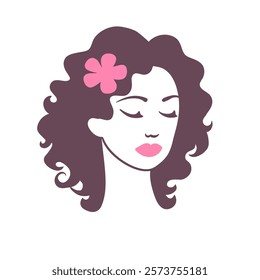 Linen sketch Silhouette Illustration of a beautiful woman with curly hair.Template for beauty curly logo design.