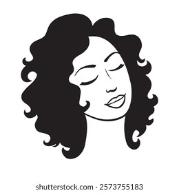 Linen sketch Silhouette Illustration of a beautiful woman with curly hair.Template for beauty curly logo design.