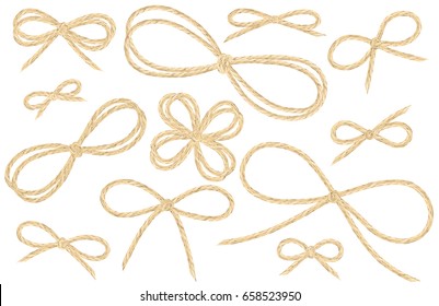 Linen string bow set. Large variety of vector ribbon illustrations from flax twine material.