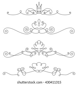 Linen stylized floral vignettes. Vector border elements. Abstract line flowers.