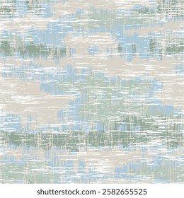 Linen texture background with mottled blotch. Organic irregular streaked seamless pattern on blue, beige, forest green background. Modern plain natural eco textile for home decor. Farmhouse