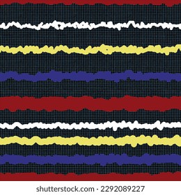 Linen texture in dark blue shade. Saturated red, yellow, blue and white wavy stripes.Retro style. Vector illustration for printing on paper, fabric, packaging, wallpaper.