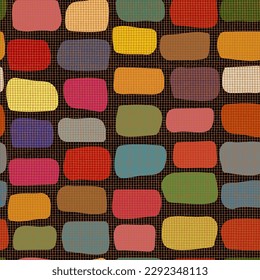 Linen texture on black and copper with strong shades of cinnamon and ocher. Multi-colored hand drawn shapes. Used for printing on paper, fabric, packaging, wallpaper. Eps10.