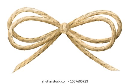 Linen thread bow vector illustration. Realistic linen material ribbon.