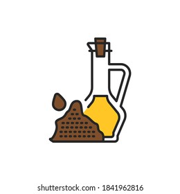 Linen vegetable oil glass bottle with olivecolor line icon. Natural, healthy vegetarian food. Pictogram for web page, mobile app, promo. UI/UX/GUI design element. Editable stroke.