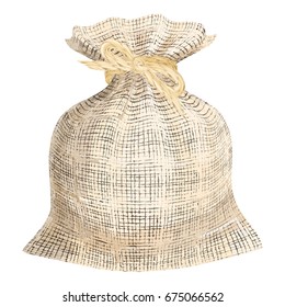 Linen woven fabric sack. Flax texture bag with linen string ribbon binding vector illustration.